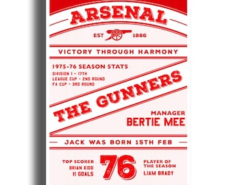 Impresión del ARSENAL 1976 - Personalizada / Regalo de fútbol retro para 50 cumpleaños / Póster personalizado