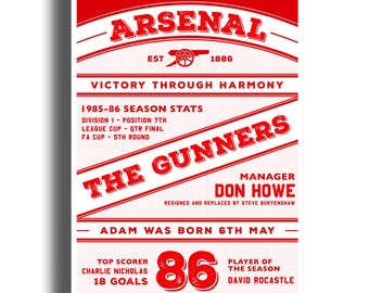 Impresión del Arsenal 1986 (año futbolístico) - Personalizada / Regalo de fútbol retro para 40 cumpleaños / Póster personalizado