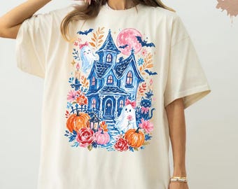 Haunted House Shirt, Brushstroke Halloween Sublimation Tee, Girly Spooky Season Comfort Colors  Shirt,  Floral Fall Tee, Gift for Halloween