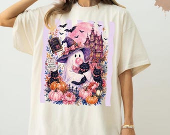 Ghost Cat Halloween Shirt, Spooky Season Comfort Colors® Tee, Cute Black Cat Pumpkin Shirt, Vintage Halloween Graphic Tee, Fall Ghost Shirt
