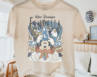 Tee-shirt Mickey Boxy sorcier, chemise Fantasia Disney vintage, t-shirt graphique Mickey sorcier, haut de vacances à Disneyland, t-shirt couleurs confort Magic Kingdom