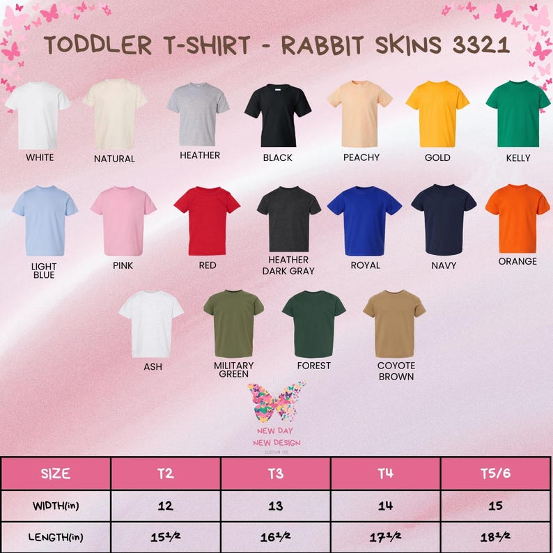 Peut inclure: Un nuancier pour t-shirts pour tout-petits Rabbit Skins 3321 pr&eacute;sentant dix-sept options de couleurs unies, notamment blanc, naturel, chin&eacute;, noir, p&ecirc;che, or, kelly, bleu clair, rose, rouge, gris fonc&eacute; chin&eacute;, royal, marine, orange, cendre, vert militaire, for&ecirc;t et brun coyote, avec un tableau des tailles affichant les largeurs et longueurs en pouces pour les tailles T2, T3, T4 et T5/6.