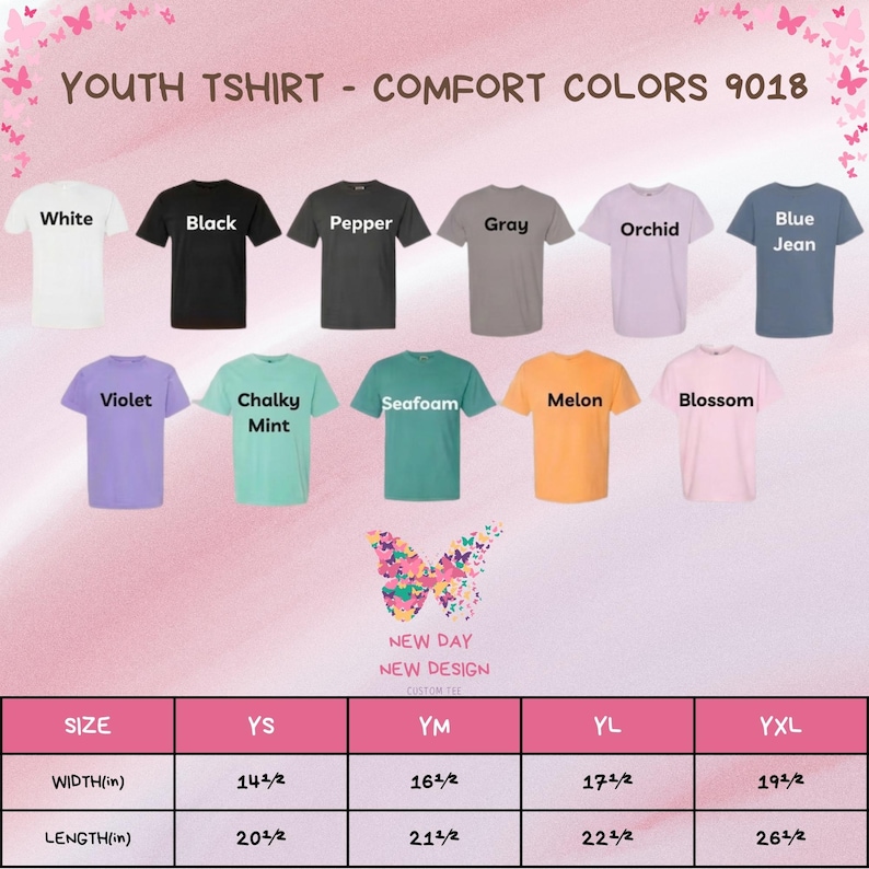 Peut inclure: Une collection de onze t-shirts pour jeunes dans diverses couleurs dont blanc, noir, poivre, gris, orchid&eacute;e, jean bleu, violet, menthe crayeuse, &eacute;cume de mer, melon et fleur, avec un tableau des tailles affichant largeurs et longueurs en pouces.