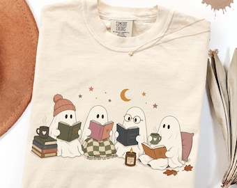 Cute Ghost Reading Shirt, Book Lover Gift, Bibliophile Tee, Halloween Reader Comfort Colors® Shirt, Cozy Fall Graphic Tee, Book Club Gift