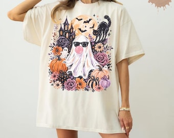 Ghost Blowing Bubble Gum Shirt, Girly Halloween Tee, Floral Pumpkin Ghost Shirt, Black Cat Haunted House Tee, Trendy Fall Comfort Colors Tee