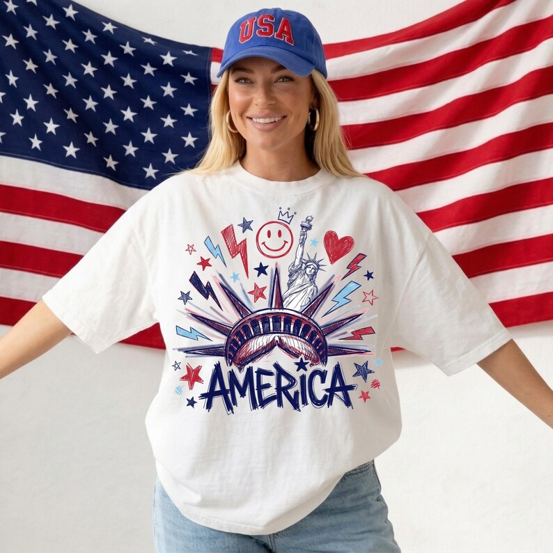 May include: A white short-sleeve t-shirt featuring a graphic print of the Statue of Liberty, a smiley face, a heart, and lightning bolts in red and blue. The word AMERICA is printed in large blue letters at the bottom of the graphic design.