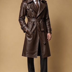 Men’s Dark Brown Leather Trench Coat, Chocolate Brown Belted Long Coat, Double Breasted Vintage Outerwear