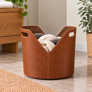 Genuine Leather Blanket Basket, Open-Top Storage Bin for Living Room