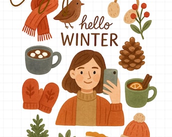 Cozy Winter Clipart Set (Digital Download PNG), Planner Stickers for GoodNotes, Watercolor Winter Clipart, Seasonal Sticker