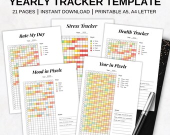 Yearly Trackers Bundle Printable, Habit Tracker Bundle, Year in Pixels, Mood & Health Tracker, Minimalist Planner, A4 A5 Letter
