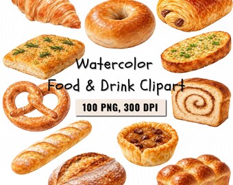 Watercolor Food Clipart Bundle (Digital Download 100 PNG), Food & Drink and Dessert Collection, Commercial Use Graphics
