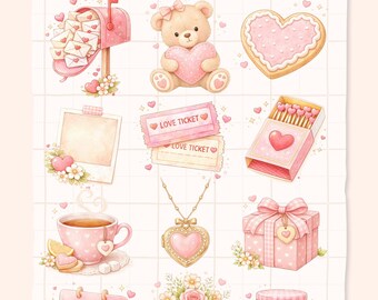 Cute Valentine Stickers (Digital Download 50 PNG), Stickers for iPad & Planners, Sweet Graphics, Watercolor Sticker, Goodnotes Stickers