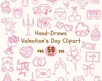 Hand Drawn Valentine Clipart (Digital Download 50+ PNG SVG), Love Hearts, Gifts & Romantic Icons, Valentine PNG Bundles
