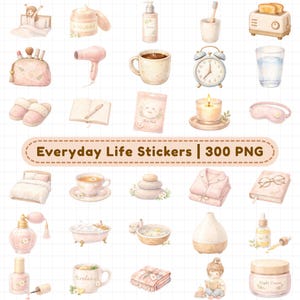 Self care and morning routine digital planner stickers including skincare, coffee, alarm clock, candles, slippers, hair tools, journal, sleep mask, and relaxation items. 300+ aesthetic watercolor PNG stickers with transparent backgrounds for GoodNotes, digital planners, iPad journaling, wellness planners, daily routine planning, and lifestyle digital stickers.