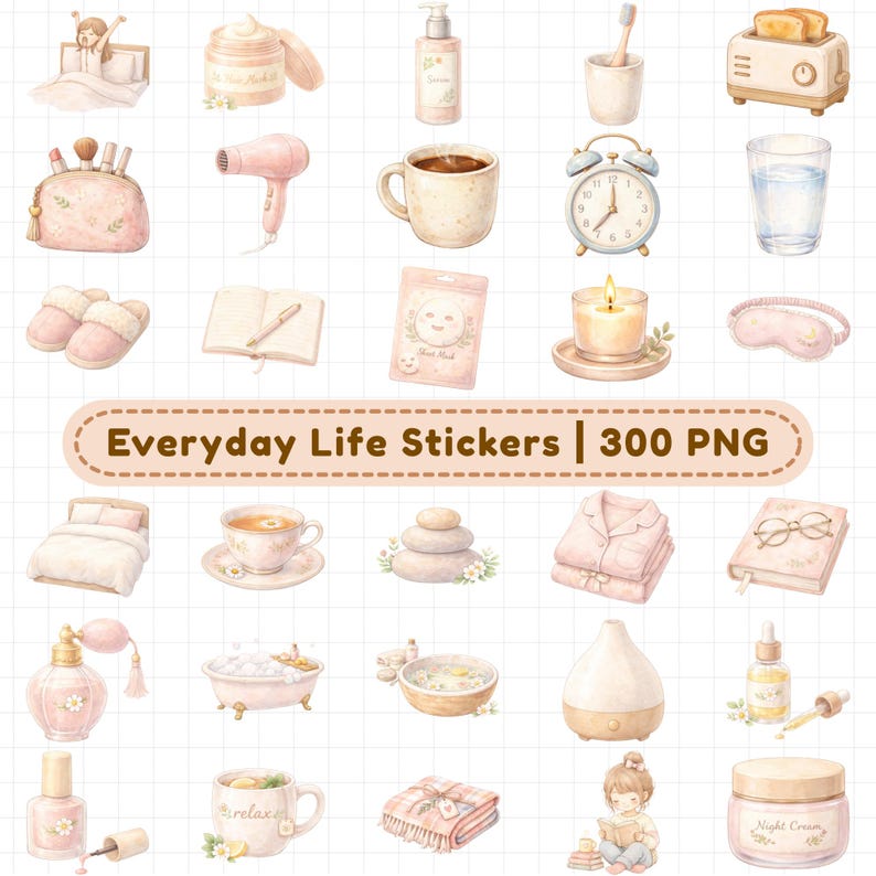 Self care and morning routine digital planner stickers including skincare, coffee, alarm clock, candles, slippers, hair tools, journal, sleep mask, and relaxation items. 300+ aesthetic watercolor PNG stickers with transparent backgrounds for GoodNotes, digital planners, iPad journaling, wellness planners, daily routine planning, and lifestyle digital stickers.