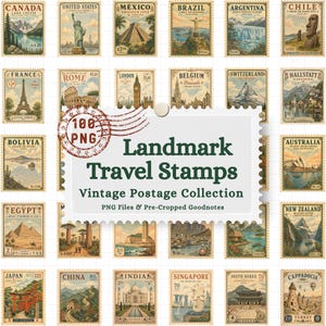 Puede incluir: Una colección de sellos postales de estilo vintage con monumentos y destinos de viaje globales. Una etiqueta blanca central muestra el texto Landmark Travel Stamps Vintage Postage Collection, 100 PNG y PNG Files & Pre-Cropped Goodnotes.