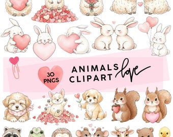 Valentine's Day Animals Clipart (Digital Download 30 PNG), Sweet Animals Clipart, Sweet Graphics