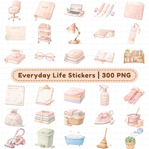 Office and study digital planner stickers with laptop, desk lamp, notebooks, calendar, sticky notes, folders, glasses, books, and workspace items. 300+ aesthetic PNG digital stickers with transparent backgrounds, pre-cropped for GoodNotes. Ideal for digital planners, iPad planning, productivity planning, student planners, study planners, and digital journaling.