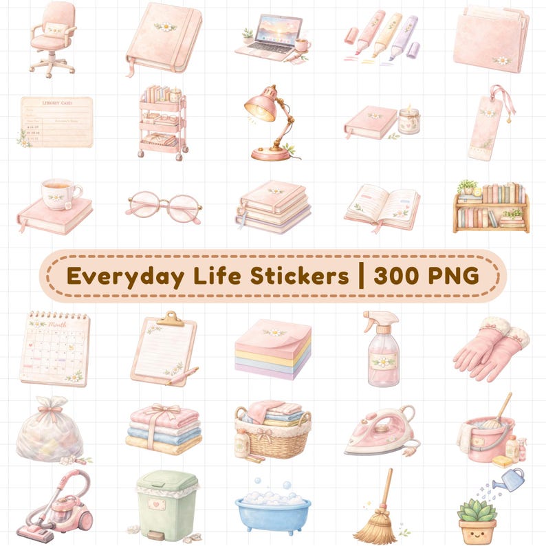 Office and study digital planner stickers with laptop, desk lamp, notebooks, calendar, sticky notes, folders, glasses, books, and workspace items. 300+ aesthetic PNG digital stickers with transparent backgrounds, pre-cropped for GoodNotes. Ideal for digital planners, iPad planning, productivity planning, student planners, study planners, and digital journaling.