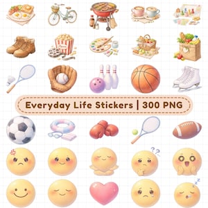 Everyday life digital planner stickers featuring breakfast food, bicycle, BBQ grill, coffee cups, board games, hiking boots, popcorn, picnic basket, grocery bag, sports equipment, and cute emotion emoji stickers. Includes 300+ watercolor PNG stickers with transparent backgrounds, pre-cropped for GoodNotes. Perfect for digital planners, iPad planning, scrapbooking, journaling, lifestyle planning, hobby tracking, and daily productivity planning.