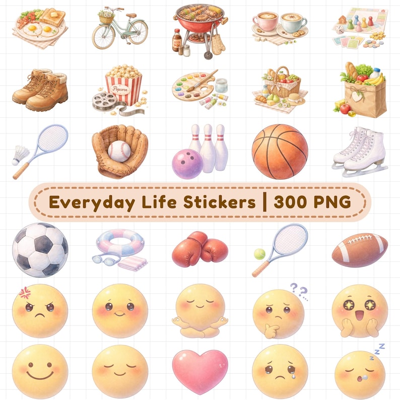 Everyday life digital planner stickers featuring breakfast food, bicycle, BBQ grill, coffee cups, board games, hiking boots, popcorn, picnic basket, grocery bag, sports equipment, and cute emotion emoji stickers. Includes 300+ watercolor PNG stickers with transparent backgrounds, pre-cropped for GoodNotes. Perfect for digital planners, iPad planning, scrapbooking, journaling, lifestyle planning, hobby tracking, and daily productivity planning.