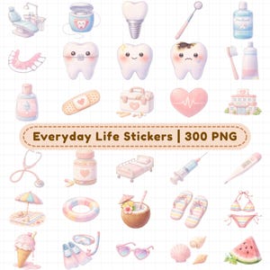 Medical and health digital planner stickers including dentist tools, teeth icons, toothbrush, medicine, bandages, hospital, stethoscope, syringe, and health care symbols. 300+ PNG digital planner stickers with transparent backgrounds for GoodNotes, health trackers, medical planners, appointment planners, and digital journaling.