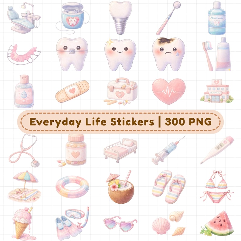 Medical and health digital planner stickers including dentist tools, teeth icons, toothbrush, medicine, bandages, hospital, stethoscope, syringe, and health care symbols. 300+ PNG digital planner stickers with transparent backgrounds for GoodNotes, health trackers, medical planners, appointment planners, and digital journaling.