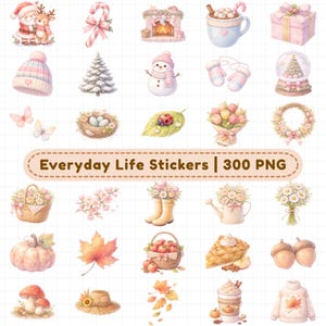 Seasonal digital planner stickers bundle featuring Christmas, winter, spring flowers, autumn leaves, pumpkins, snowman, cozy drinks, and holiday decor. 300+ watercolor PNG stickers with transparent backgrounds for GoodNotes planners, seasonal journaling, scrapbooking, holiday planners, and aesthetic digital planning.