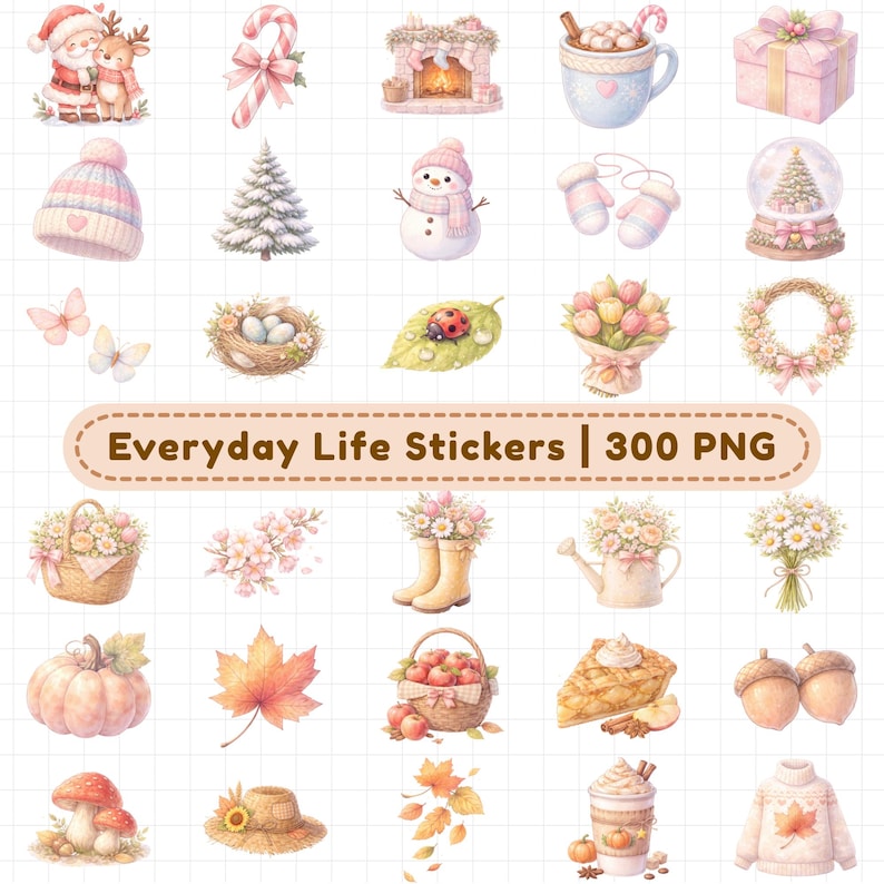 Seasonal digital planner stickers bundle featuring Christmas, winter, spring flowers, autumn leaves, pumpkins, snowman, cozy drinks, and holiday decor. 300+ watercolor PNG stickers with transparent backgrounds for GoodNotes planners, seasonal journaling, scrapbooking, holiday planners, and aesthetic digital planning.