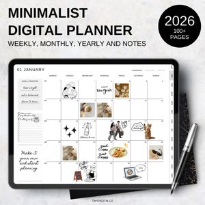 Puede incluir: Un planificador digital minimalista en una tableta, con el texto "MINIMALIST DIGITAL PLANNER 2026." Incluye secciones semanales, mensuales, anuales y de notas. La pantalla muestra un calendario de enero con ilustraciones y el texto "Make it your own and start planning."