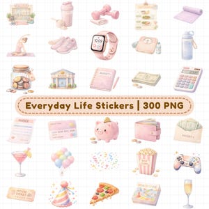 Fitness and finance digital planner stickers including gym, yoga, workout gear, smartwatch, diet tracker, water bottle, piggy bank, calculator, budget planner, and savings icons. 300+ PNG digital stickers with transparent backgrounds for GoodNotes, iPad planners, fitness planners, habit trackers, budgeting planners, and productivity planning.