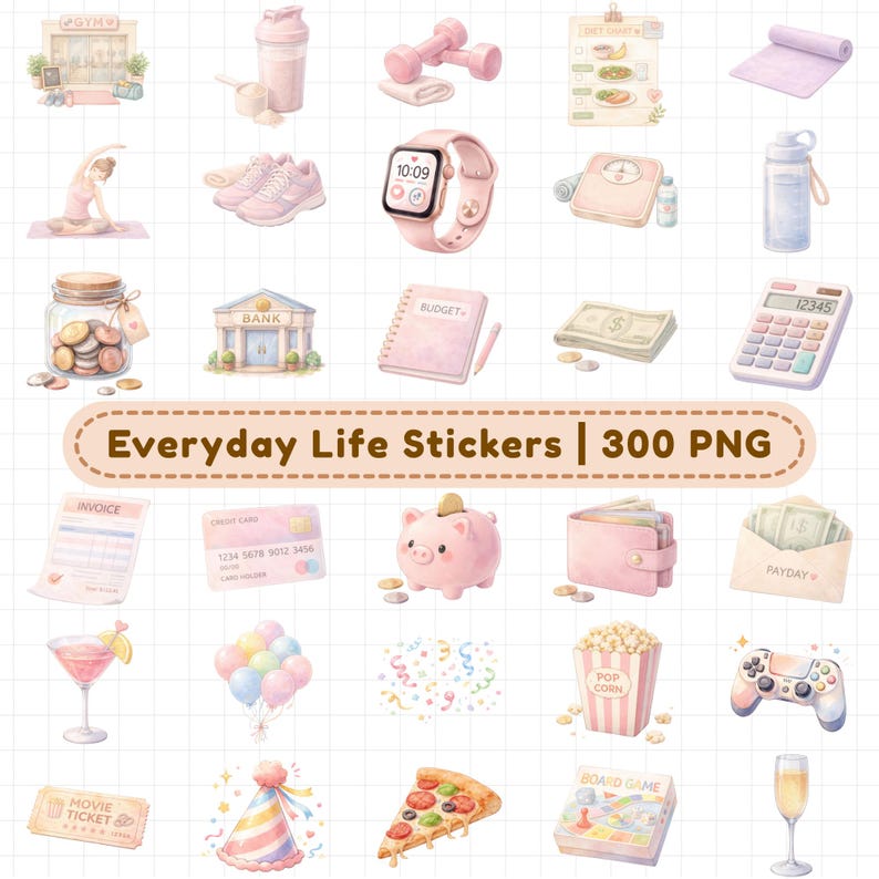 Fitness and finance digital planner stickers including gym, yoga, workout gear, smartwatch, diet tracker, water bottle, piggy bank, calculator, budget planner, and savings icons. 300+ PNG digital stickers with transparent backgrounds for GoodNotes, iPad planners, fitness planners, habit trackers, budgeting planners, and productivity planning.