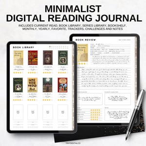 Puede incluir: Un diario de lectura digital que se muestra en dos tabletas. El diario incluye secciones para lecturas actuales, una biblioteca de libros y reseñas de libros. El texto "MINIMALIST DIGITAL READING JOURNAL" está en la parte superior.