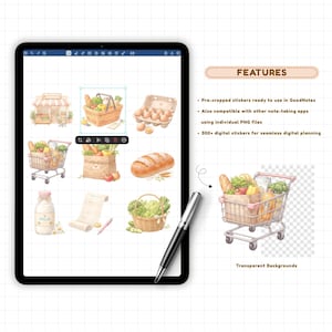 Digital planner stickers preview showing pre-cropped PNG stickers used in GoodNotes on iPad. Includes 300+ watercolor everyday life stickers with transparent backgrounds, ready for digital planners, note-taking apps, digital journaling, scrapbooking, and productivity planning. Compatible with GoodNotes, Notability, and other digital planner apps.