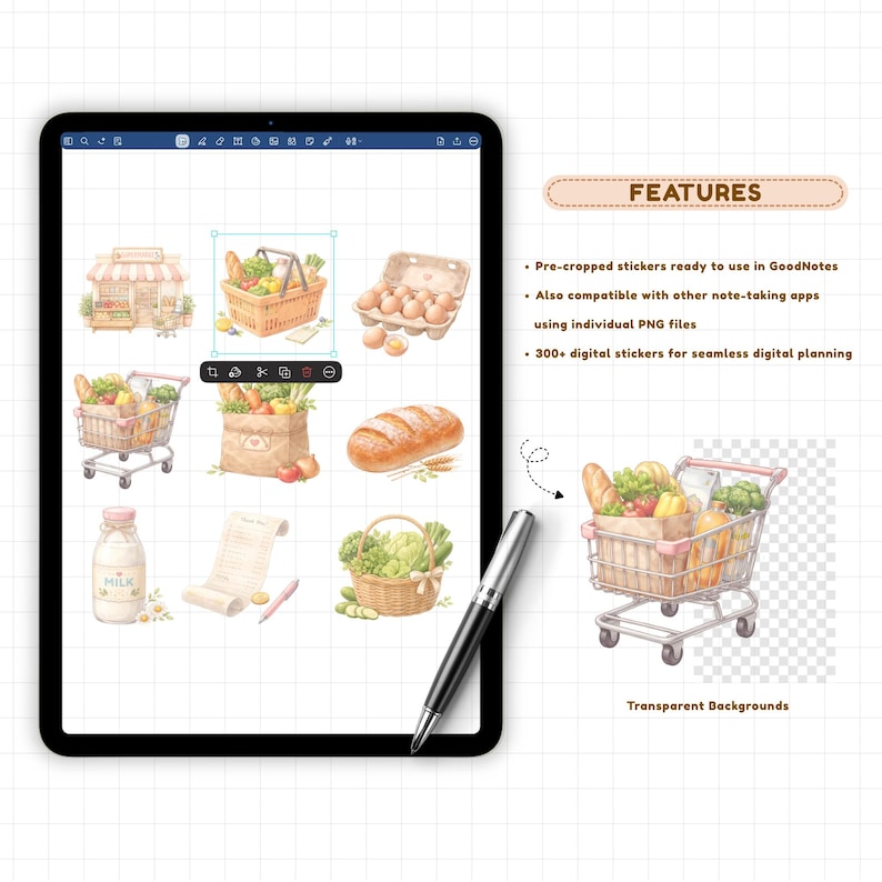 Digital planner stickers preview showing pre-cropped PNG stickers used in GoodNotes on iPad. Includes 300+ watercolor everyday life stickers with transparent backgrounds, ready for digital planners, note-taking apps, digital journaling, scrapbooking, and productivity planning. Compatible with GoodNotes, Notability, and other digital planner apps.