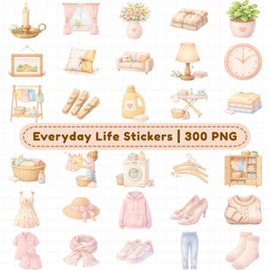 Home decor and clothing digital planner stickers featuring sofa, lamp, plants, laundry, dresses, shoes, hoodie, jeans, scarves, and wardrobe icons. 300+ watercolor PNG stickers with transparent backgrounds for GoodNotes planners, fashion planners, home organization planners, digital scrapbooking, and lifestyle planning.