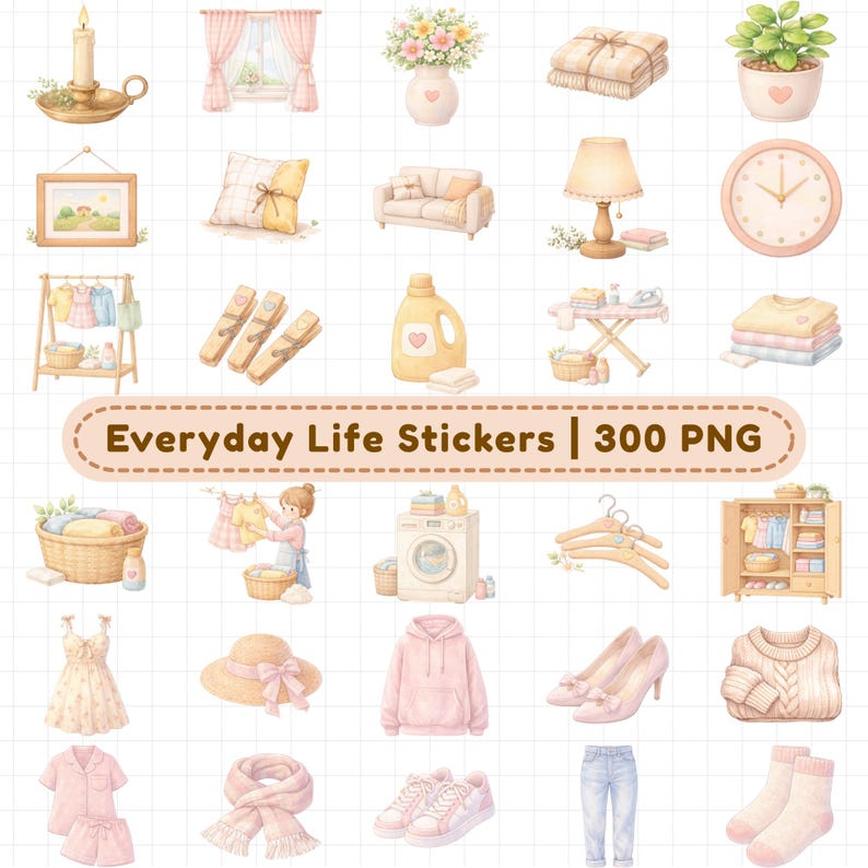 Home decor and clothing digital planner stickers featuring sofa, lamp, plants, laundry, dresses, shoes, hoodie, jeans, scarves, and wardrobe icons. 300+ watercolor PNG stickers with transparent backgrounds for GoodNotes planners, fashion planners, home organization planners, digital scrapbooking, and lifestyle planning.