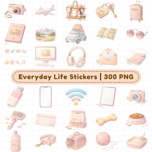Travel and lifestyle digital planner stickers with camera, airplane, suitcase, passport, map, headphones, laptop, phone, envelope, and social media icons. 300+ aesthetic PNG stickers with transparent backgrounds for GoodNotes digital planners, travel planners, digital journaling, scrapbooking, vacation planning, and lifestyle organization.