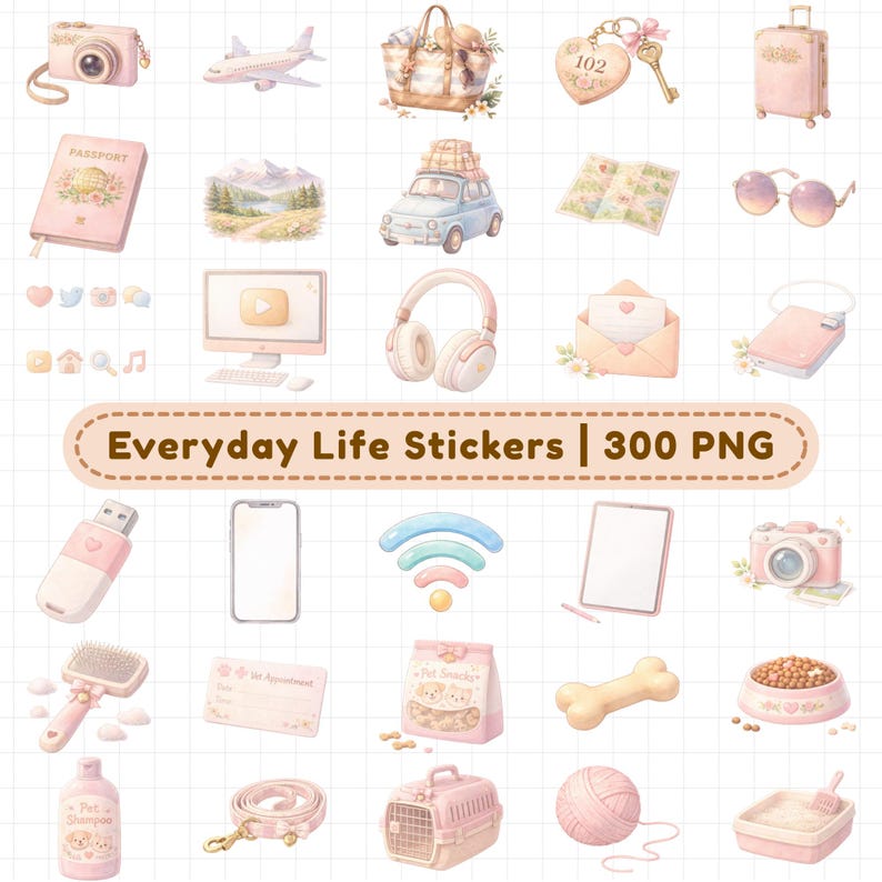 Travel and lifestyle digital planner stickers with camera, airplane, suitcase, passport, map, headphones, laptop, phone, envelope, and social media icons. 300+ aesthetic PNG stickers with transparent backgrounds for GoodNotes digital planners, travel planners, digital journaling, scrapbooking, vacation planning, and lifestyle organization.