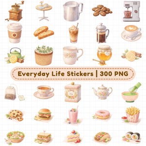 Food and cafe digital planner stickers including coffee, tea, desserts, burgers, fries, salad, donuts, smoothies, and bakery items. 300+ PNG digital stickers with transparent backgrounds for GoodNotes digital planners, meal planners, cafe journals, food trackers, scrapbooking, and daily planning.