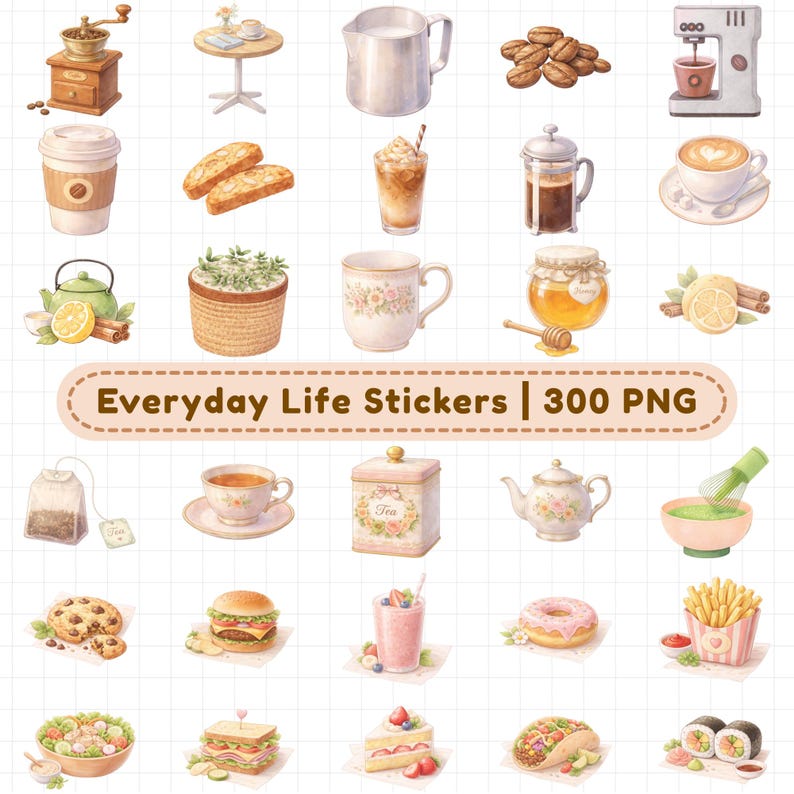 Food and cafe digital planner stickers including coffee, tea, desserts, burgers, fries, salad, donuts, smoothies, and bakery items. 300+ PNG digital stickers with transparent backgrounds for GoodNotes digital planners, meal planners, cafe journals, food trackers, scrapbooking, and daily planning.