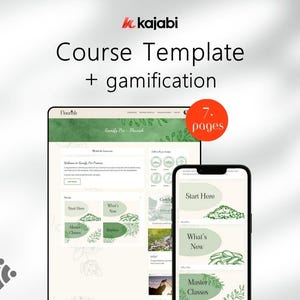 Puede incluir: Una presentación digital de una plantilla de curso con funciones de gamificación. La pantalla muestra un diseño de sitio web con la palabra "Flourish" y el texto "Course Template + gamification". Un teléfono móvil muestra un diseño similar. El texto "7 pages" también es visible.