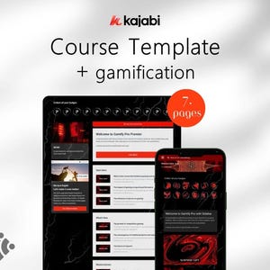 May include: A digital display of a Kajabi course template with gamification features. The design includes a tablet and a smartphone, both displaying a red and black interface. The text "Course Template + gamification" is prominently displayed.