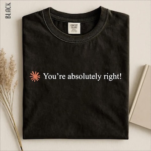 Puede incluir: Una camiseta negra de manga corta con un pequeño icono de estrella color coral seguido del texto blanco "You're absolutely right!" impreso en el centro del pecho. La prenda tiene un cuello redondo y una etiqueta de marca visible en el interior.