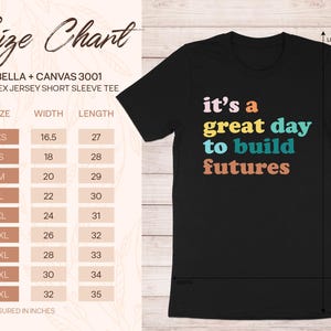 Unisex size chart for Bella+Canvas 3001 tee, showing measurements for sizes XS-5XL.