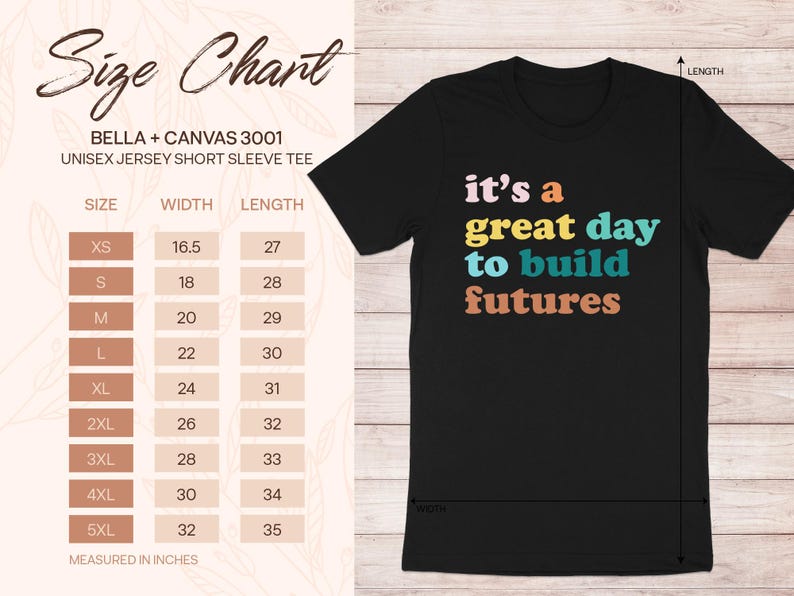 Unisex size chart for Bella+Canvas 3001 tee, showing measurements for sizes XS-5XL.