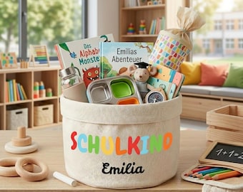 Geschenk Schulkind personalisiert mit Namen | Schulkind 2026 Geschenkbox | Einschulung Deko & Erinnerungskiste mit Namen | Stoffkorb