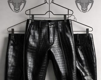 Black Crocodile Pattern Leather Pants for Men - Slim Fit, Stylish Formal Wear Trousers
