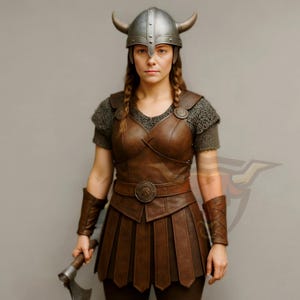 Puede incluir: Un disfraz de vikingo de cuero marrón con un casco plateado con cuernos. El disfraz incluye una pechera, una falda y protectores de brazos. La persona sostiene un hacha plateada. El atuendo tiene un tema medieval.