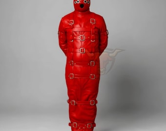 Red Leather Bondage Sleep sack Suit Full Body Restraint Costume Unisex Cosplay